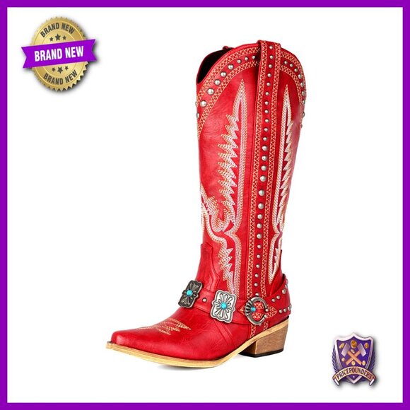 Shoes - Knee High Cowboy Boots Western Cowgirl Boots with Metallic Buckle Rivet Detail